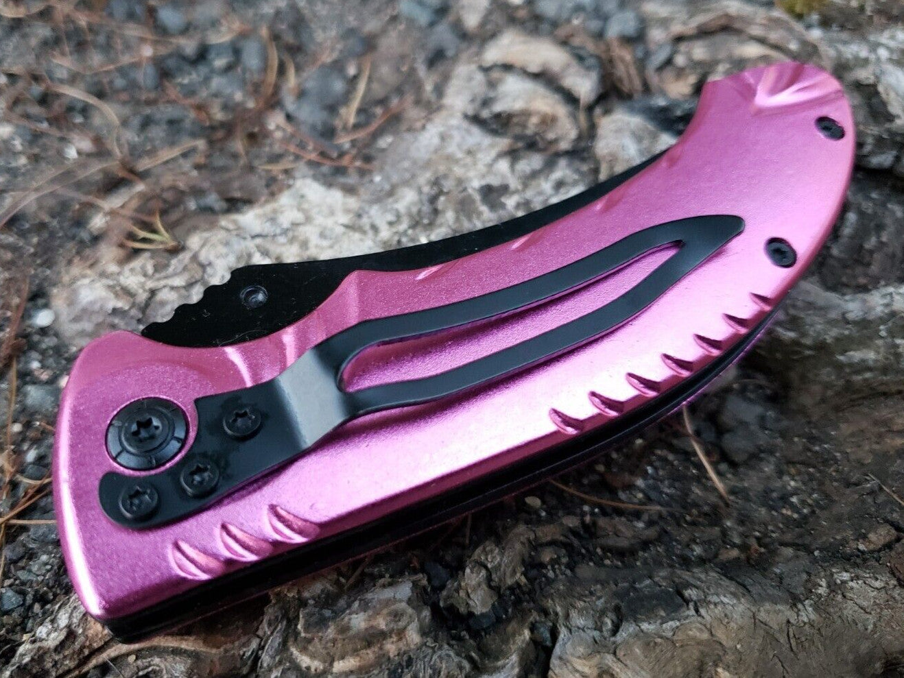 Pink Black Pot Leaf Design Spring assisted Pocket Knife Thumb Stud EDC 5.3 OZ