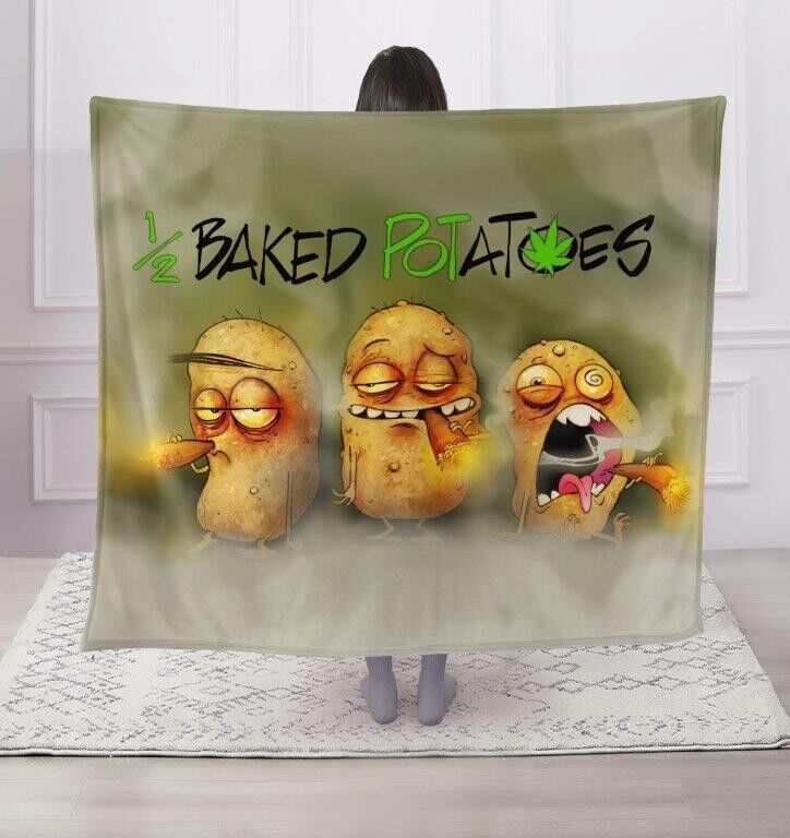 1/2 Half Baked Potatoes High Pot Leaf Smoke Faux Fur Throw Blanket Super Soft