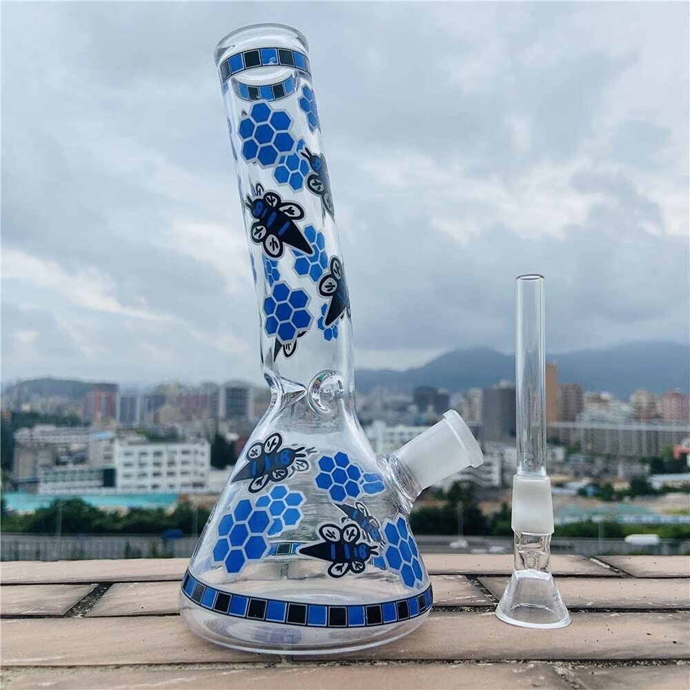 Premium Blue Bee Glass Bong 8" Bent Handwork Decorative Hookah Water Bong Glowy