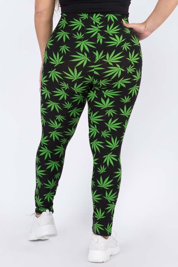 Women’s High Waisted Green Leaf Leggings, Marijuana Print, + Size Option