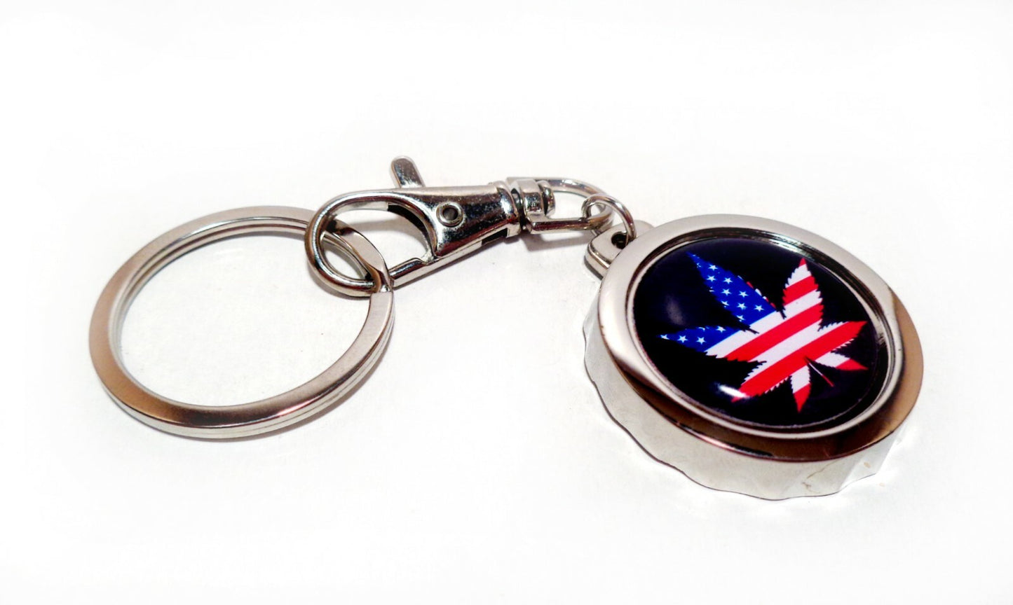 AMERICAN FLAG Weed Marijuana Cannabis Pot Leaf Bottle Cap Opener Keychain 4 Colors
