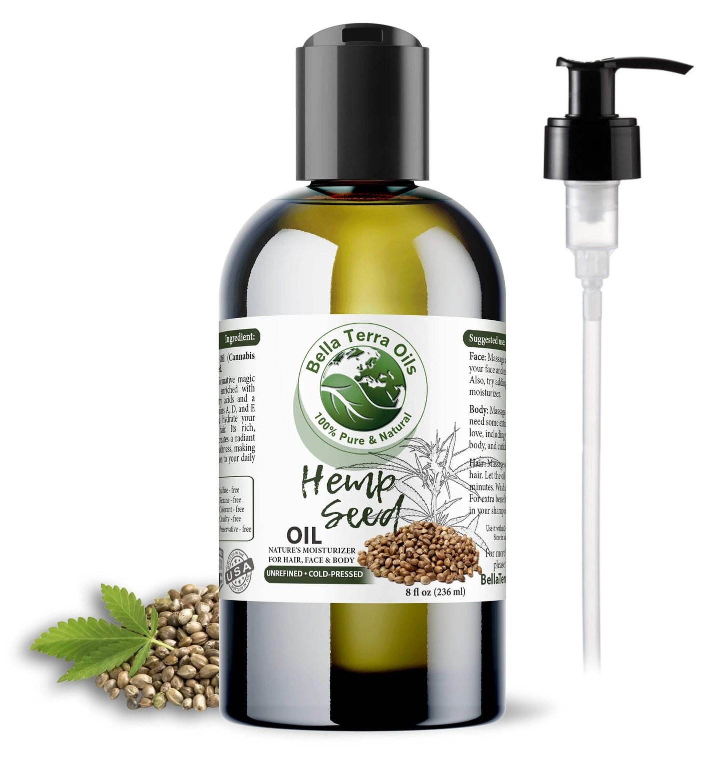 Organic Cold-Pressed Unrefined Hemp Seed Oil 100% Pure Skin Hair Face Nails Care