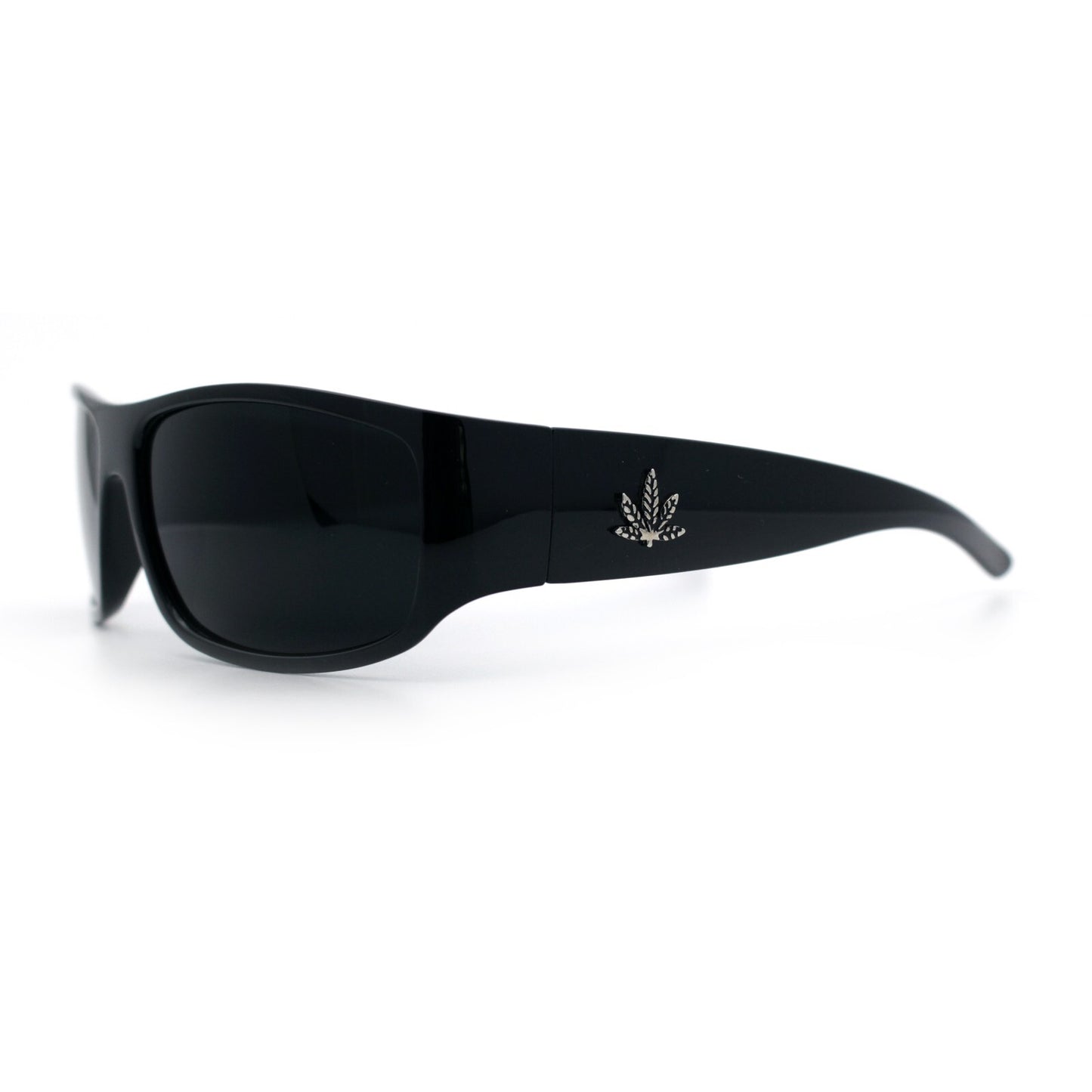 Mens Marijuana Pot Leaf Emblem Hoodlum Rectangle Limo All Black Sunglasses