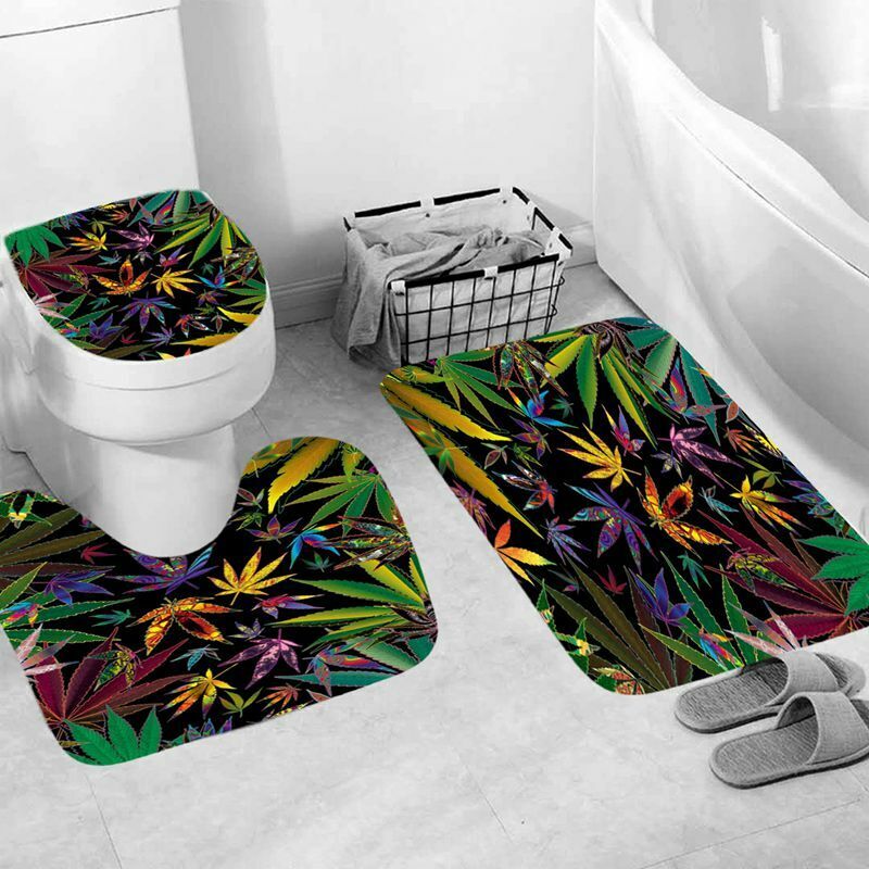 Colorful Weeds Leaves Bathroom Shower Curtain Non-Slip Bath Mat Toilet Cover Set