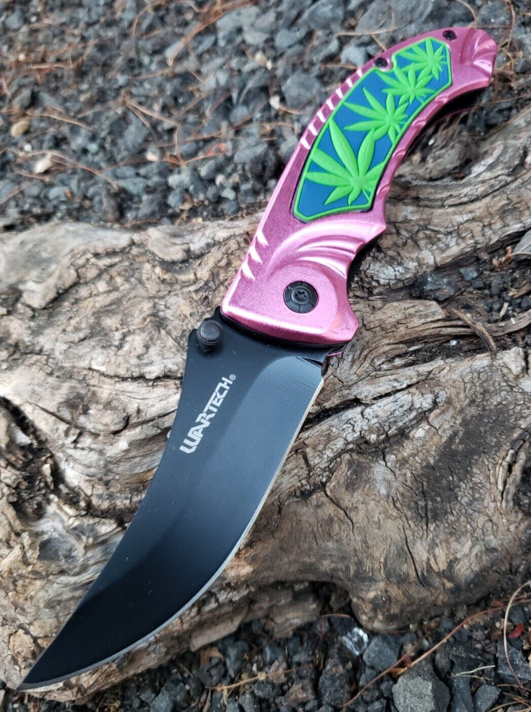Pink Black Pot Leaf Design Spring assisted Pocket Knife Thumb Stud EDC 5.3 OZ