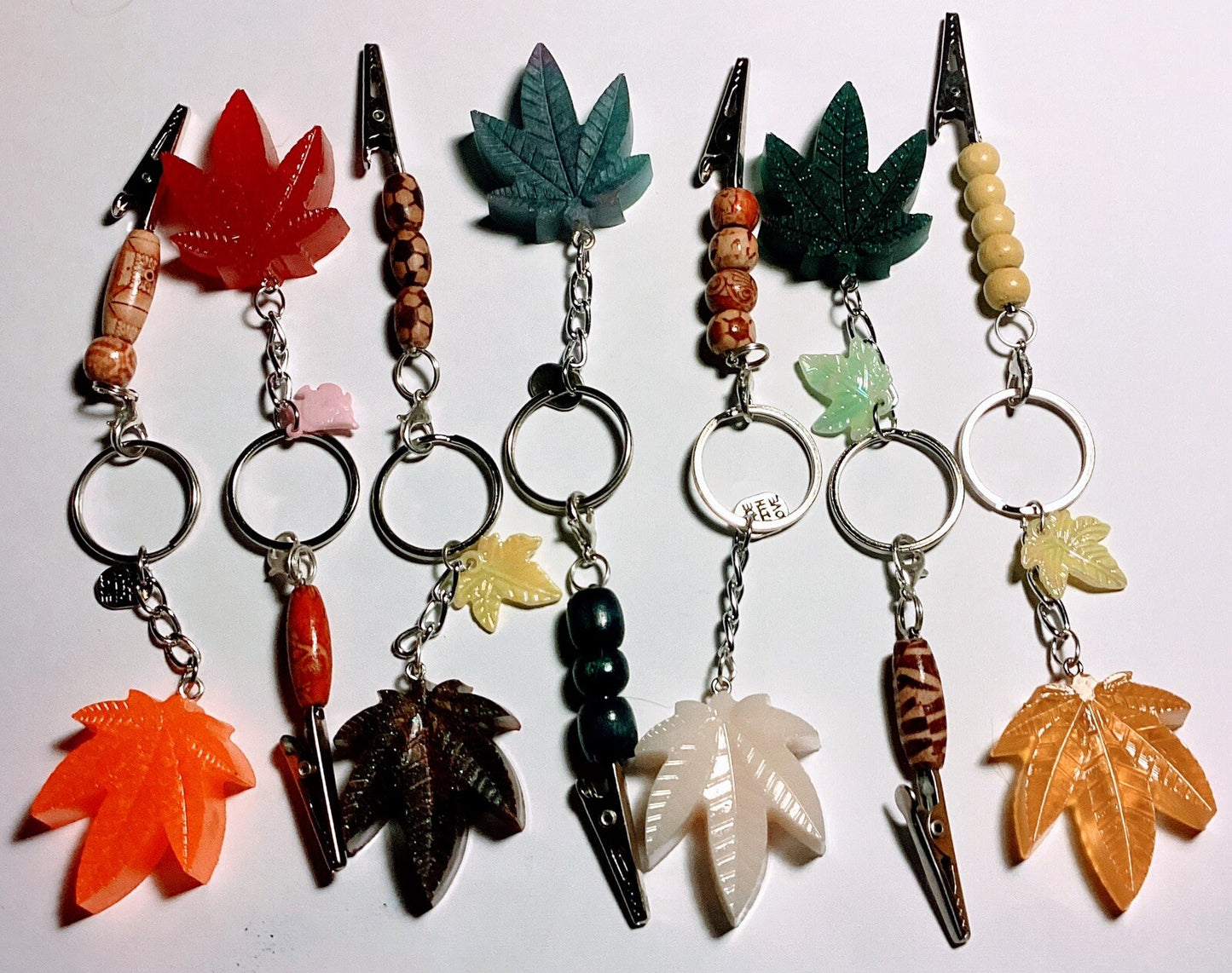 6 ct. Weed Leaf key chains With Bonus Clip Multi Color Set Roach Clip
