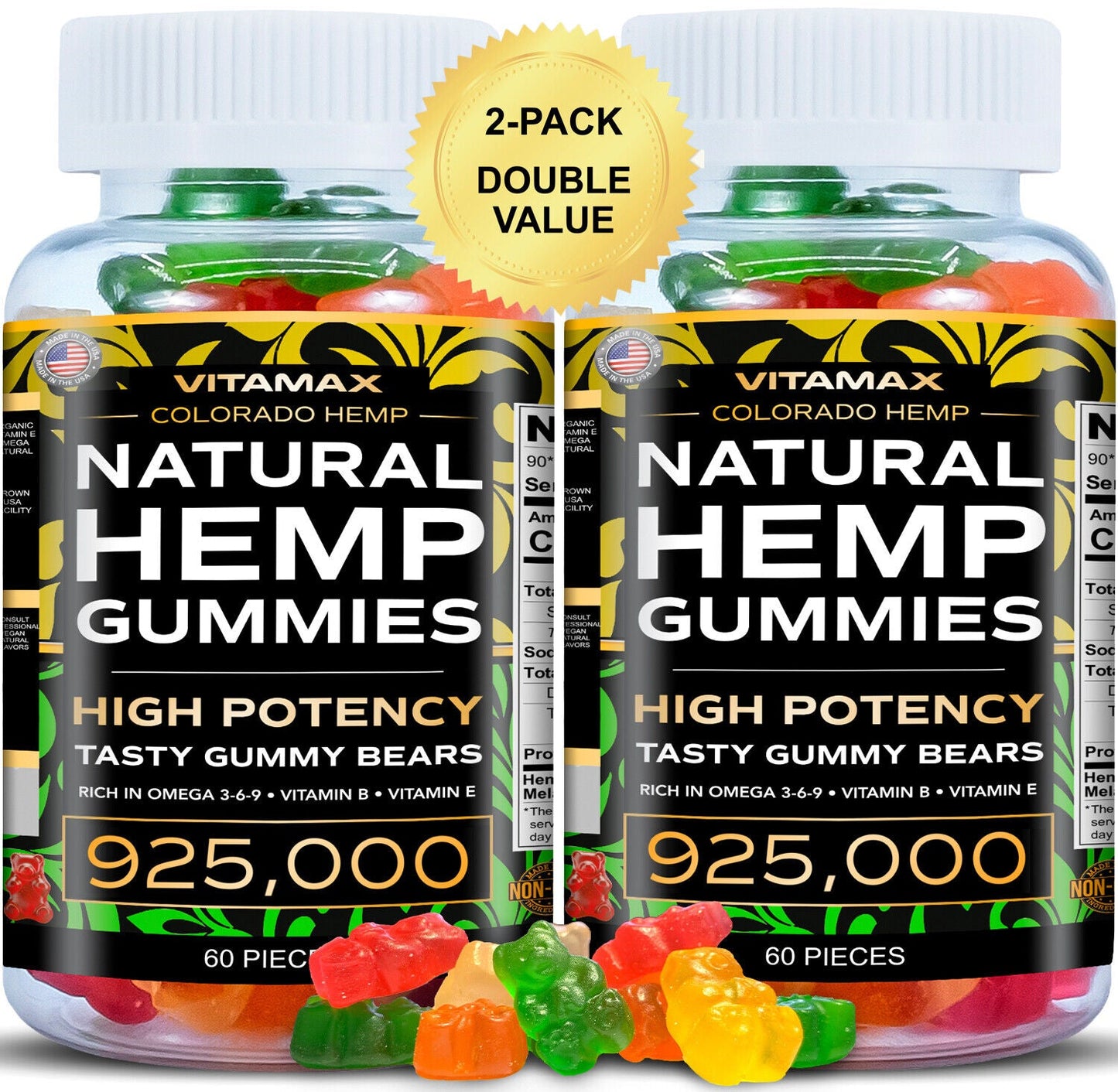2-pack natural gummies for stress relief, pain, insomnia, anxiety, 120ct.