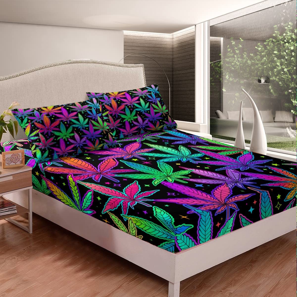 Cannabis Leaves 420 Sheet Queen Size, Marijuana Weed Bedding 2 pillow 1 Fitted 1 Flat