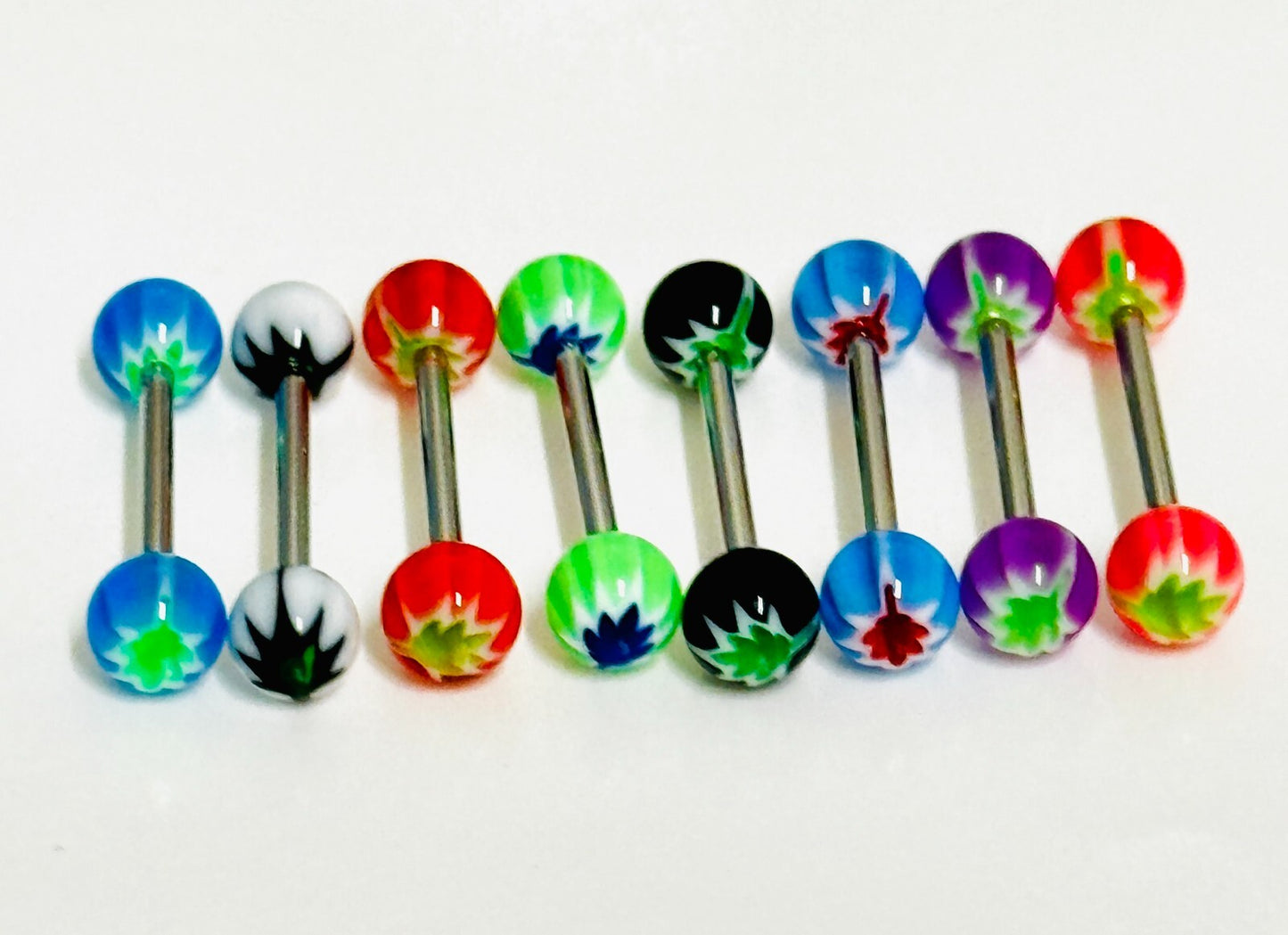 8 Pc Pot Leaf Inlay Acrylic Ball 14g 5/8" Barbell Nipples Tongue Rings