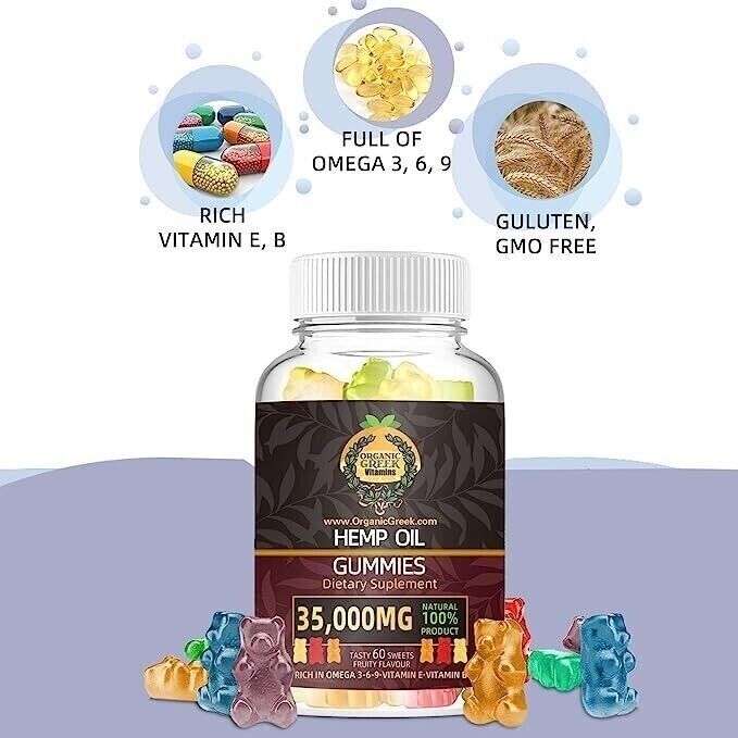 Natural Gummies bottle with colorful gummy bears for sleep, calm, anxiety relief, inflammation, and pain management, rich in Omega 3, 6, 9, vitamins E and B, gluten and GMO-free.