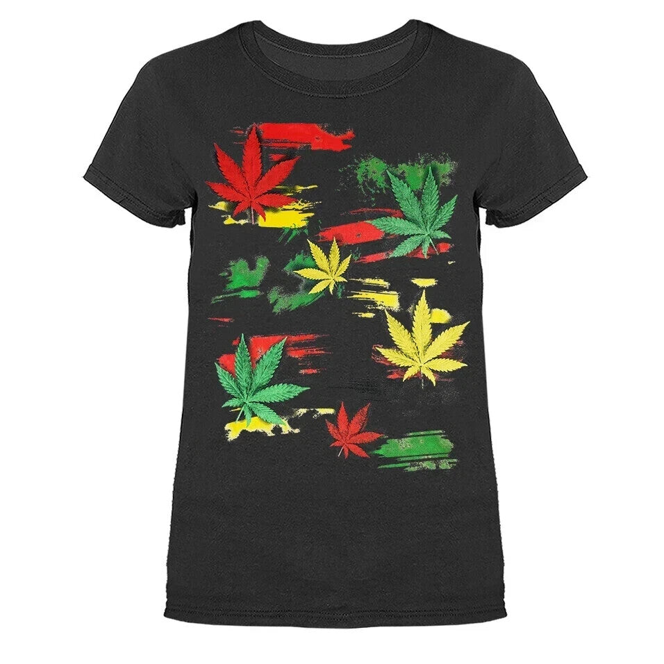 Rasta multi-color pot leaves humorous women's t-shirt.
