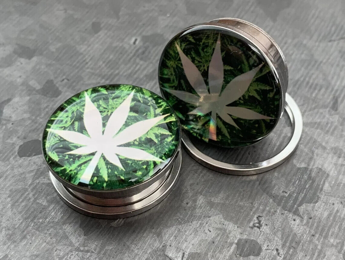 PAIR Hologram Pot Leaf Screw Fit Tunnels Ear Plugs Gauges Earlets Body Jewelry 8 sizes