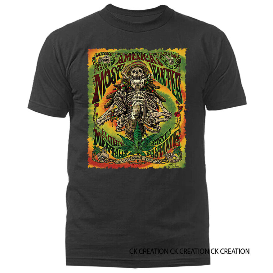 Most Wanted Marijuana Weed Cannabis Graphic T-shirt with colorful skeleton design.