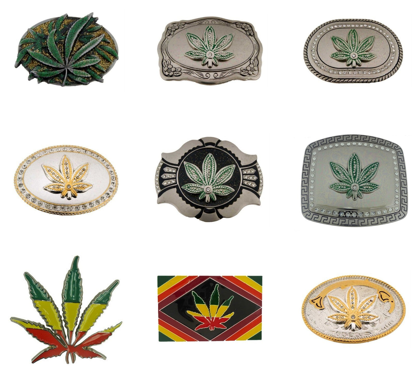 Marijuana Leaf Belt Buckles in various designs and reggae colors.