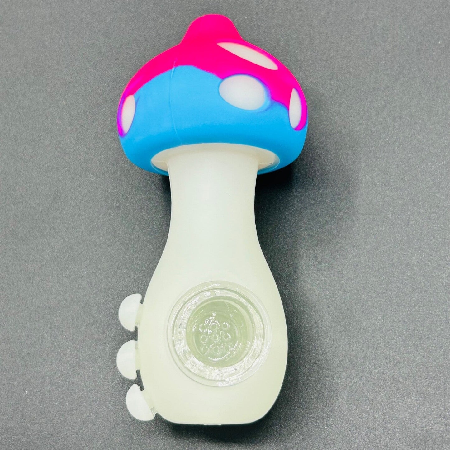 Silicone smoking pipe with glass bowl, glowing pink and blue mushroom design.