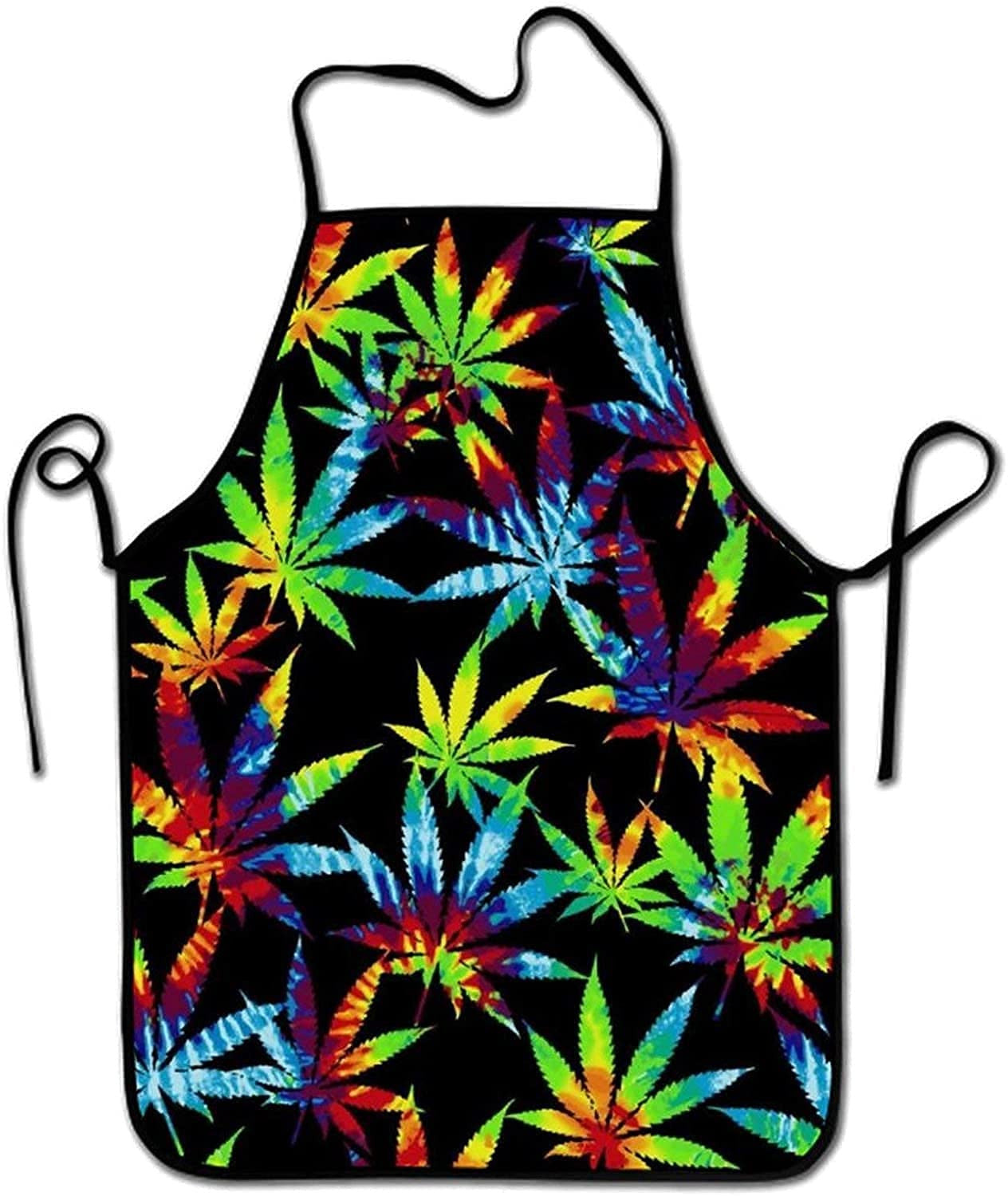 Colorful cannabis leaf kitchen apron for women, tie-dye pattern, adjustable fit.