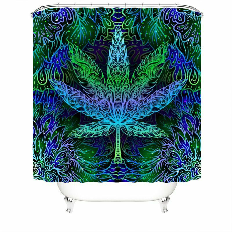 Psychedelic Weed Leaf Art Shower Curtain Set Bath Mat Non-Slip Toilet Lid Cover