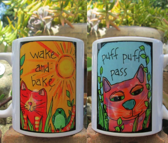 Humorous Stoner 11oz coffee mug with colorful illustrations and "wake and bake," "puff puff pass" lyrics.