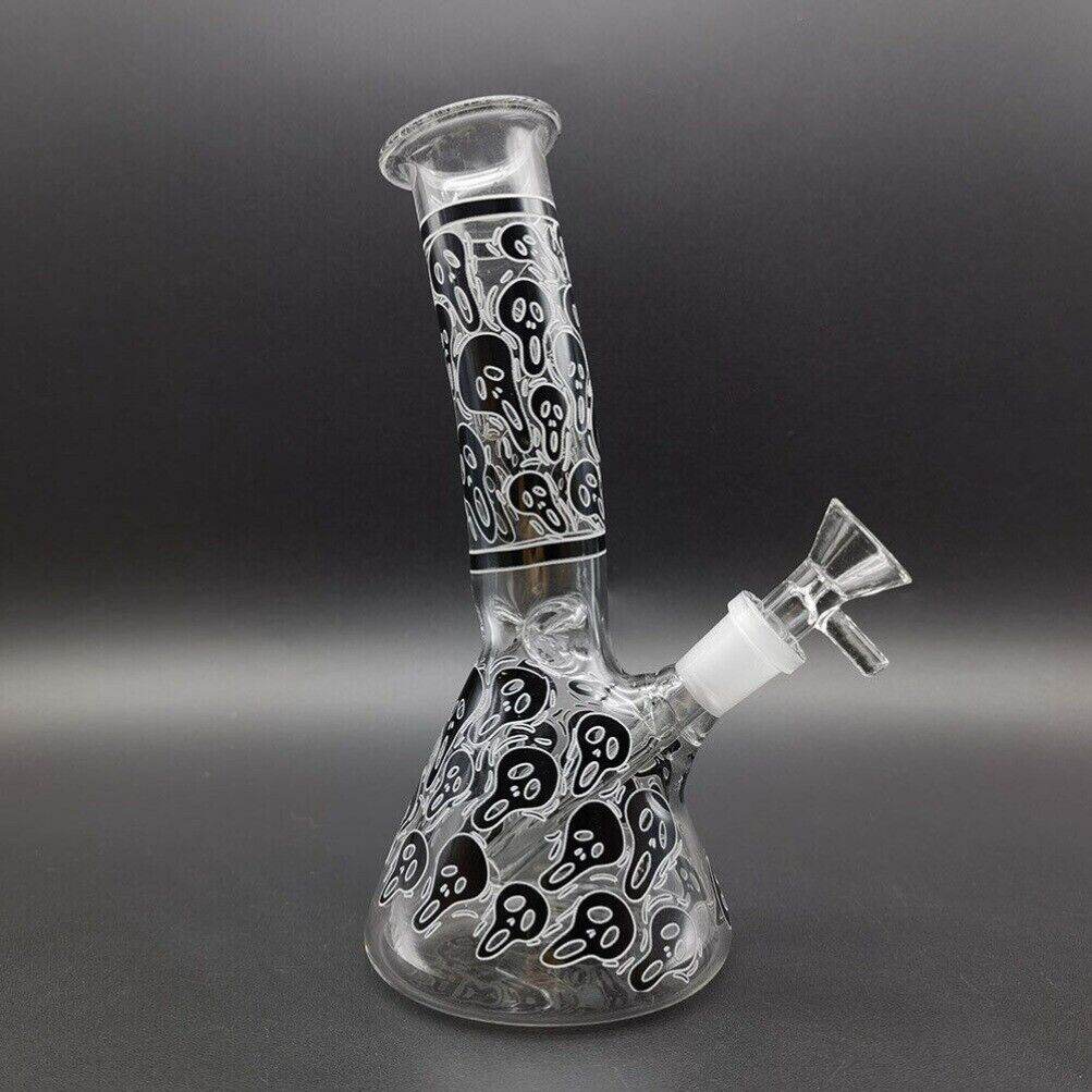 8 inch Glass Bong Black Skull Printed Hookah Smoking Water Pipes Bongs + Bowl US - Maryjanes Bong Shop
