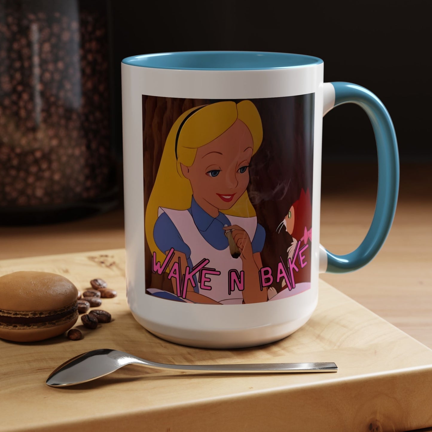 WAKE N BAKE Retro Coffee Mug (11, 15oz) Cartoon Alice Smoking Joint Vintage 420