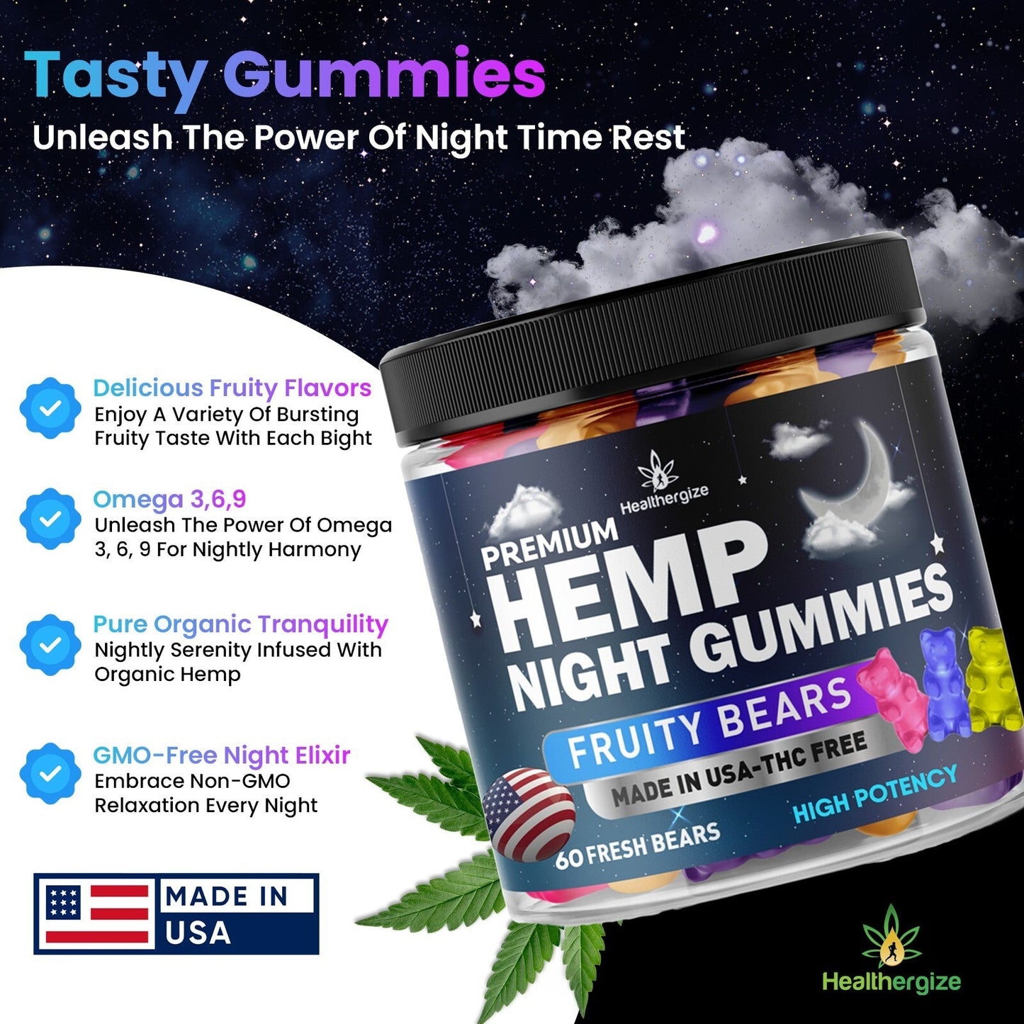 Natural gummies- Bears, Pure-Sleep, Anxiety, Pain, Relaxation, Stress, Brain-USA
