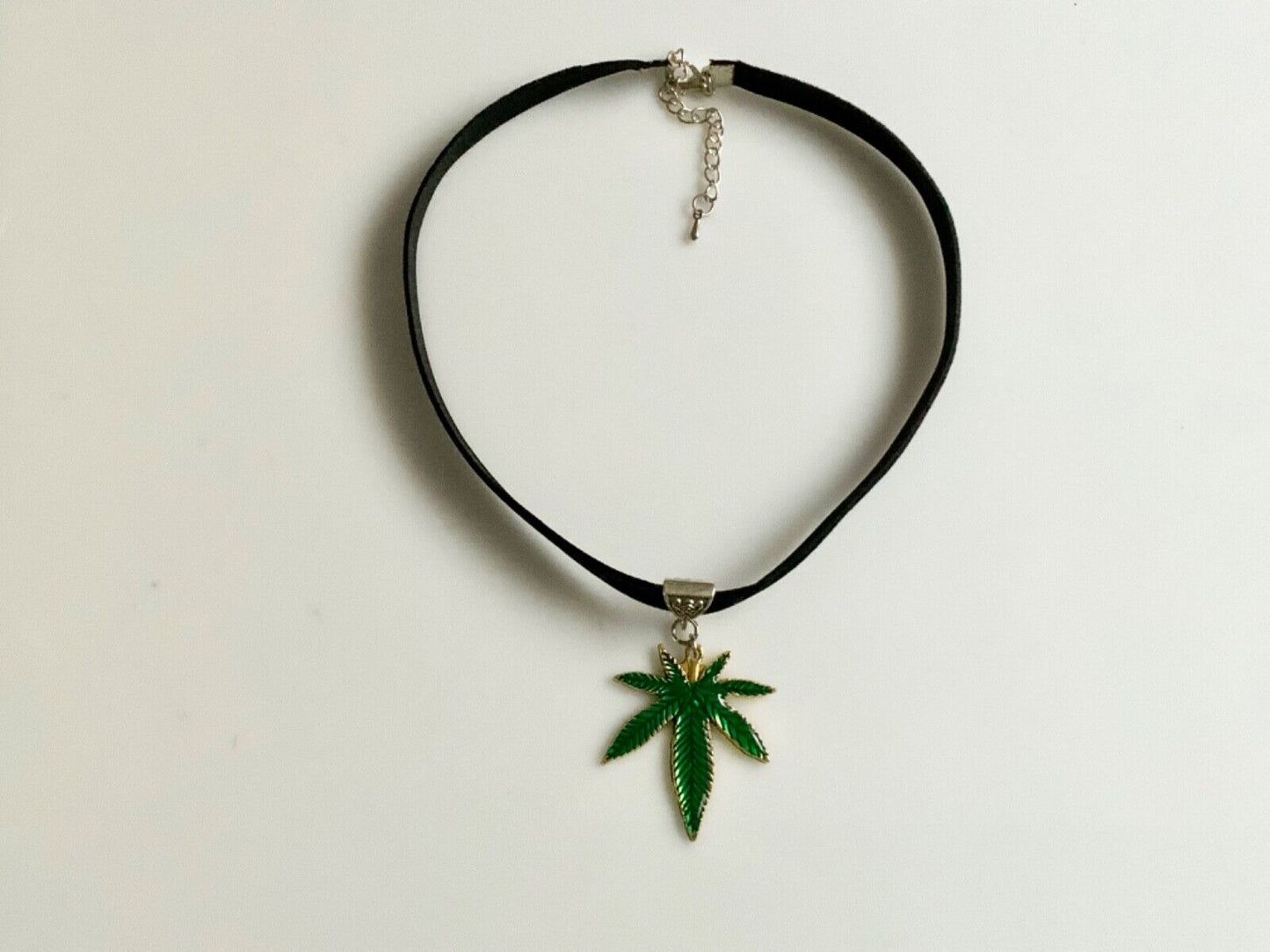 Choker Neck Green Necklace Marijuana Pot Leaf Charm Velvet Jewelry Hand Crafted