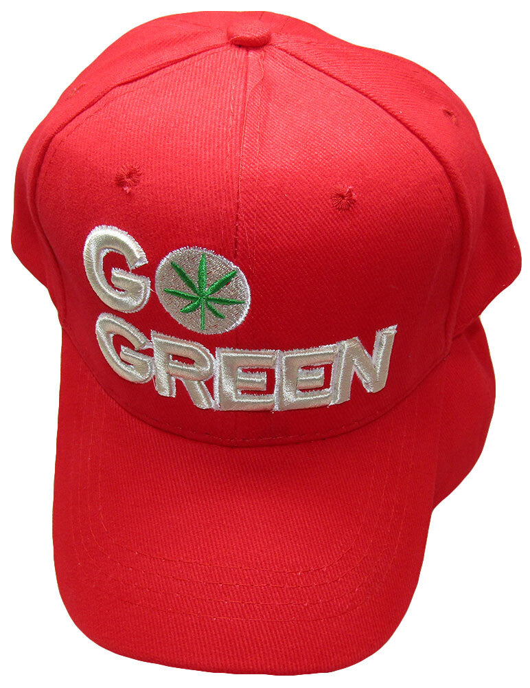 Go Green Marijuana Weed Pot Leaf Red 100% Cotton Embroidered Hat Cap