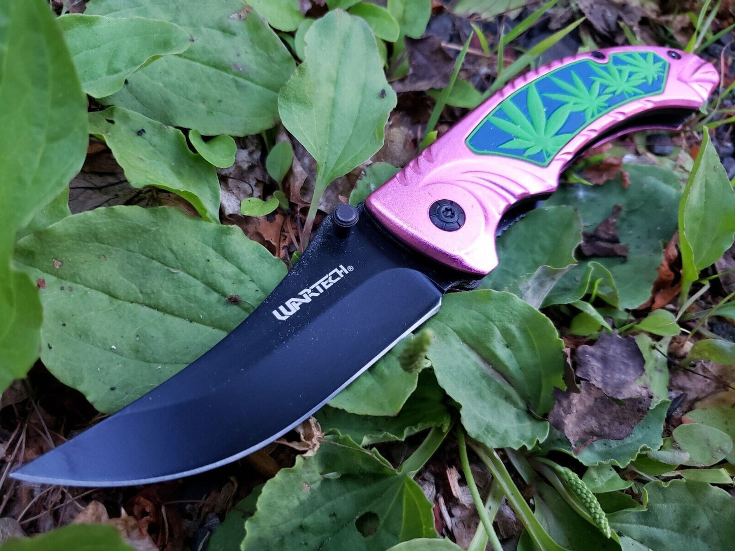 Pink Black Pot Leaf Design Spring assisted Pocket Knife Thumb Stud EDC 5.3 OZ