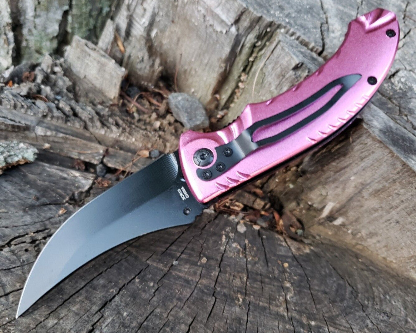 Pink Black Pot Leaf Design Spring assisted Pocket Knife Thumb Stud EDC 5.3 OZ