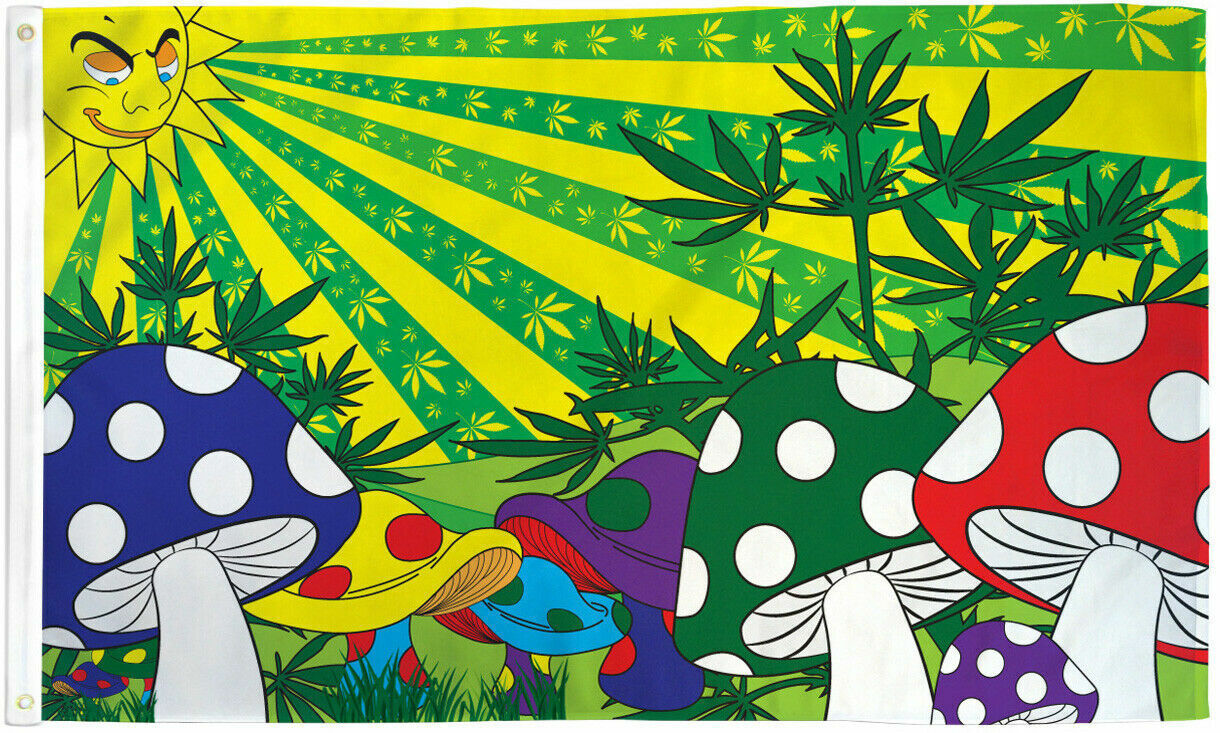 Mushroom Marijuana Flag with colorful mushrooms and leaf design, 3x5ft, lightweight fabric for easy hanging.
