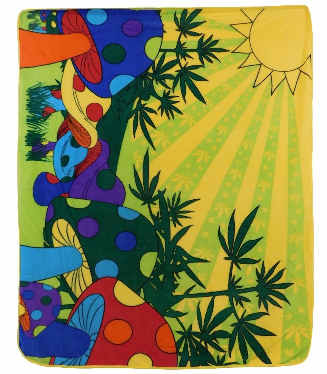 Marijuana Mushroom Blanket with colorful psychedelic design and sunburst pattern.
