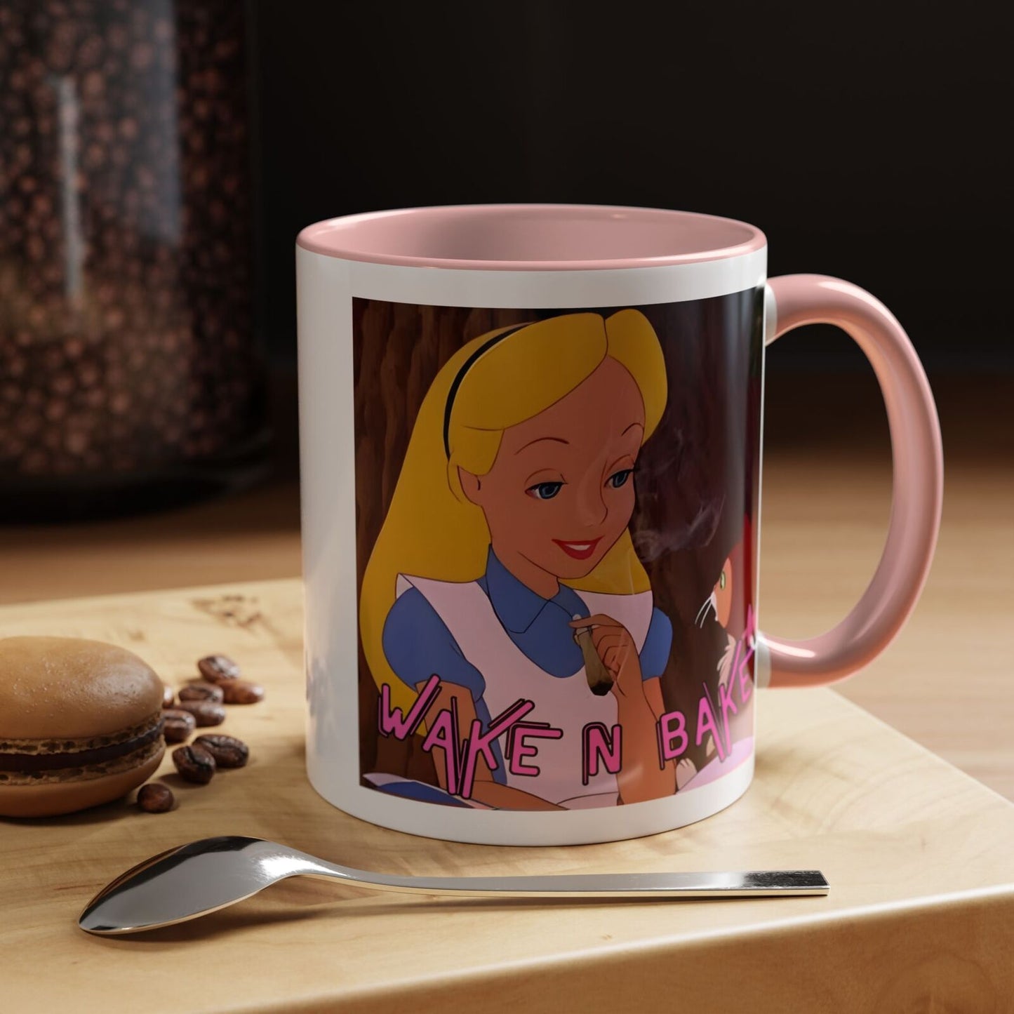 WAKE N BAKE Retro Coffee Mug (11, 15oz) Cartoon Alice Smoking Joint Vintage 420