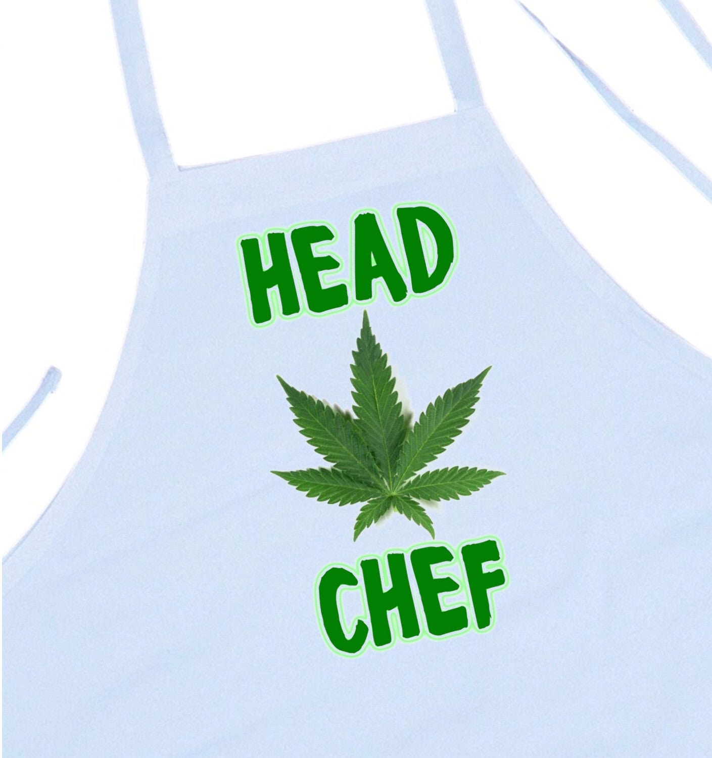 Cannabis aprons with "Head Chef" design and marijuana leaf graphic, white unisex cooking apron.