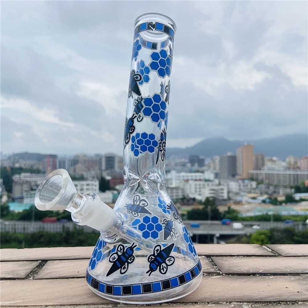 Premium Blue Bee Glass Bong 8" Bent Handwork Decorative Hookah Water Bong Glowy