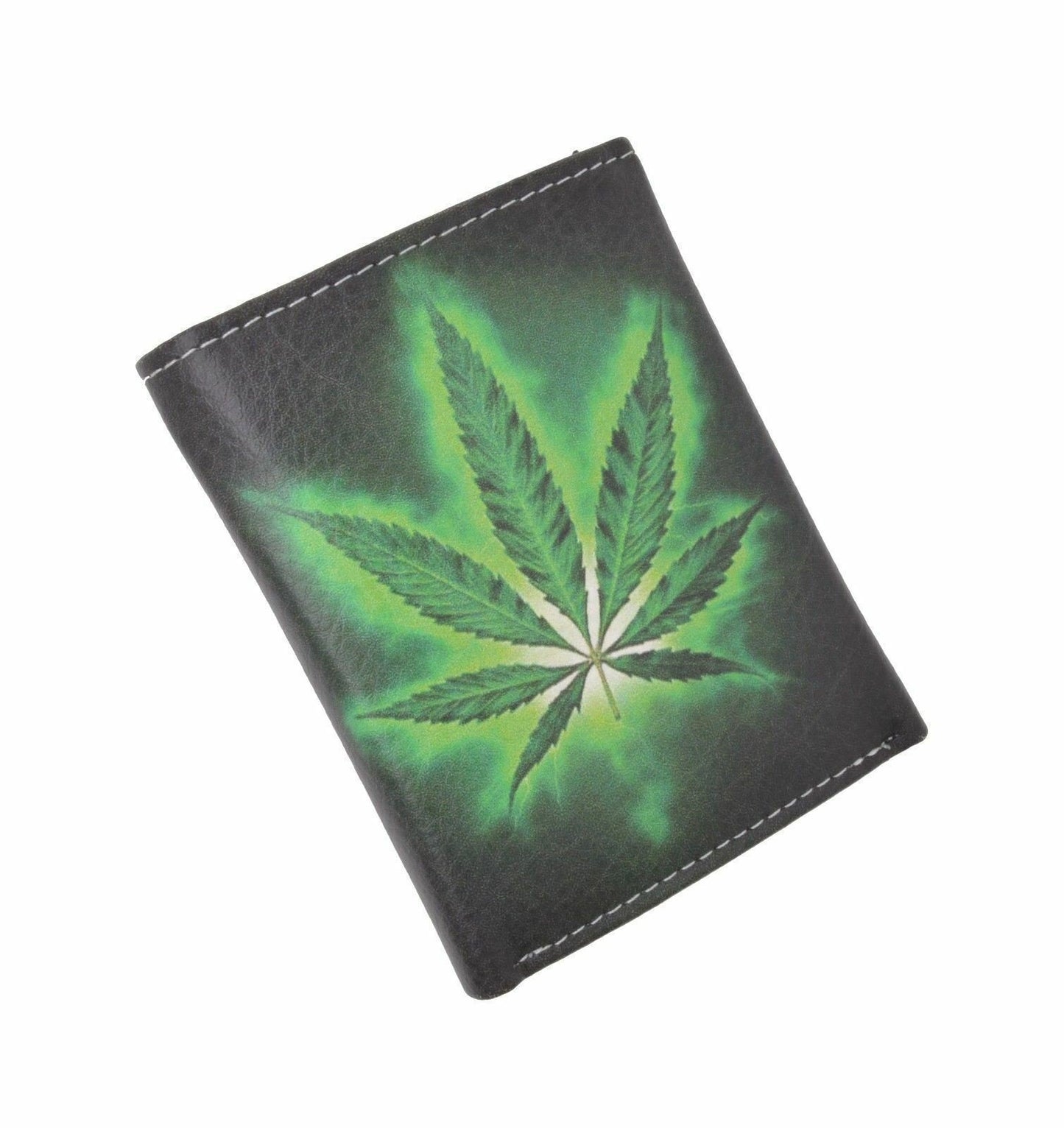 Marijuana Leaf Mens Genuine Leather Trifold Wallet Black Interior With Gift Box