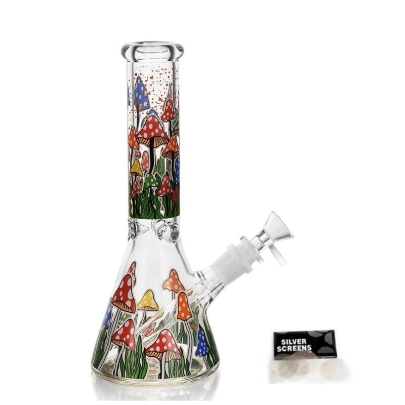 10" Mushroom Glass Bong with colorful mushroom design and included bowl.