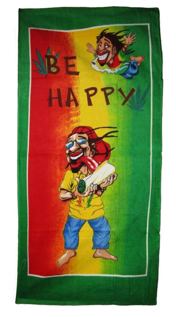 Rasta Weed "Be Happy" pot marijuana beach towel 30x60 cotton twill.