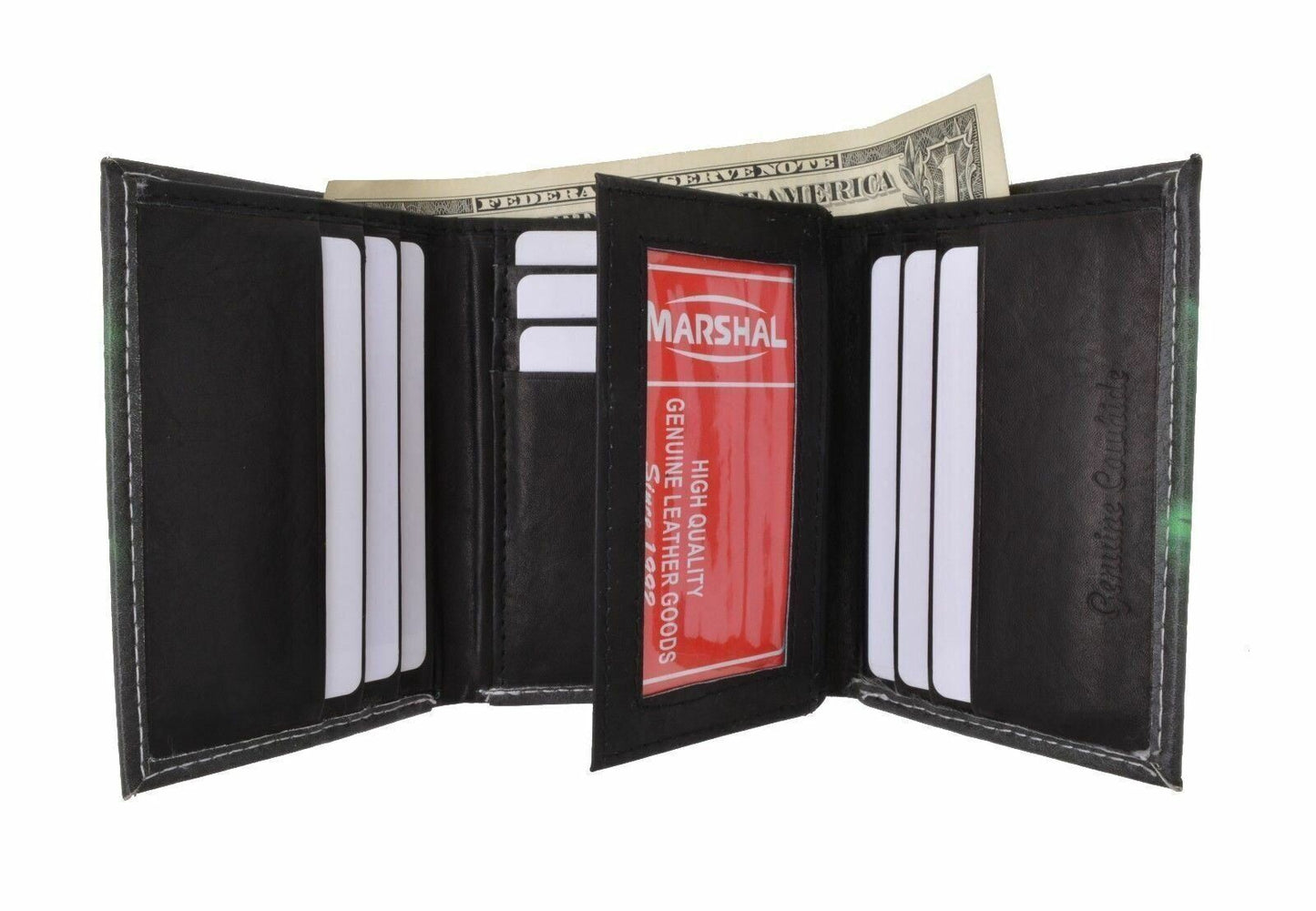 Marijuana Leaf Mens Genuine Leather Trifold Wallet Black Interior With Gift Box