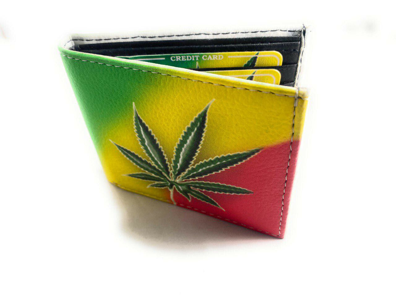 Men's Rasta Marijuana Leaf Vegan Leather Bifold Card Photo Holder Wallet Handbag
