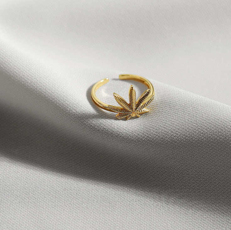 Gold Over Sterling Silver Marijuana Ring Band Maple Leaf Wrap Rings Open Hippie
