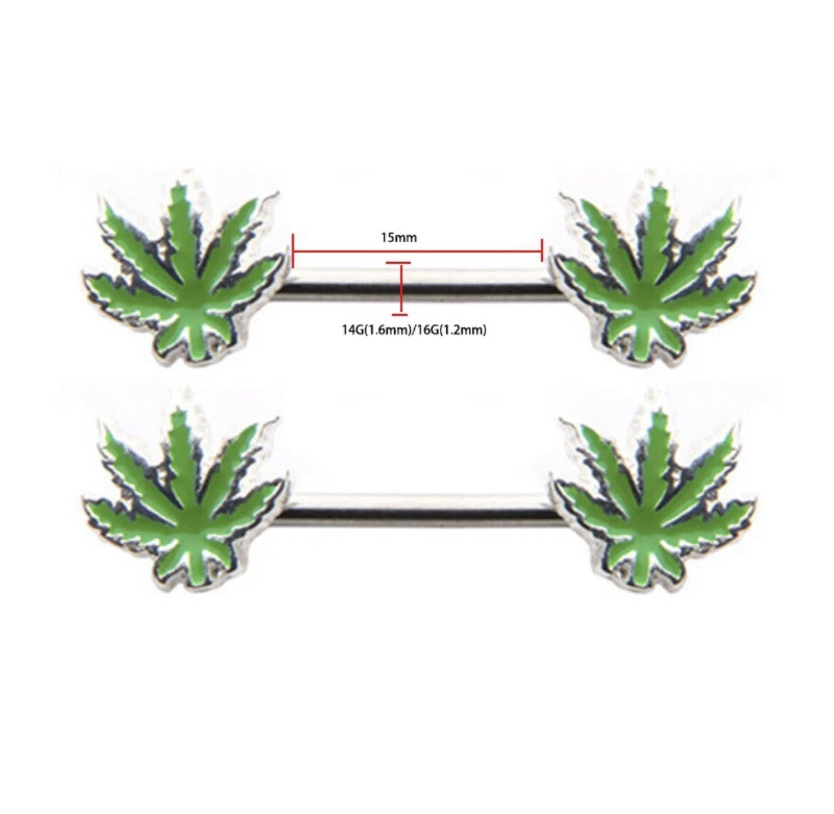 Pair (2pcs) Marijuana Weed Nipple Ring Body Jewelry Piercing Barbell 1-1