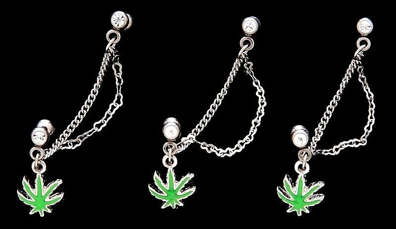 Single fancy dangle tragus ear ring with pot leaf charm and gemstone CZ on 316L surgical steel.