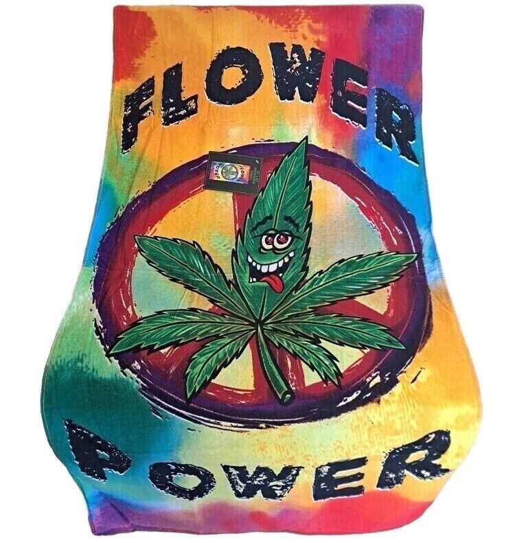 Flower Power pot leaf towel with peace sign and multicolored background.