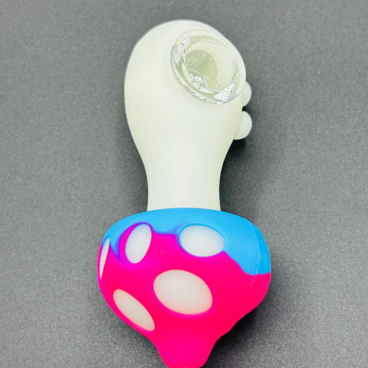 Silicone smoking pipe with glass bowl, pink and blue glowing mushroom design.