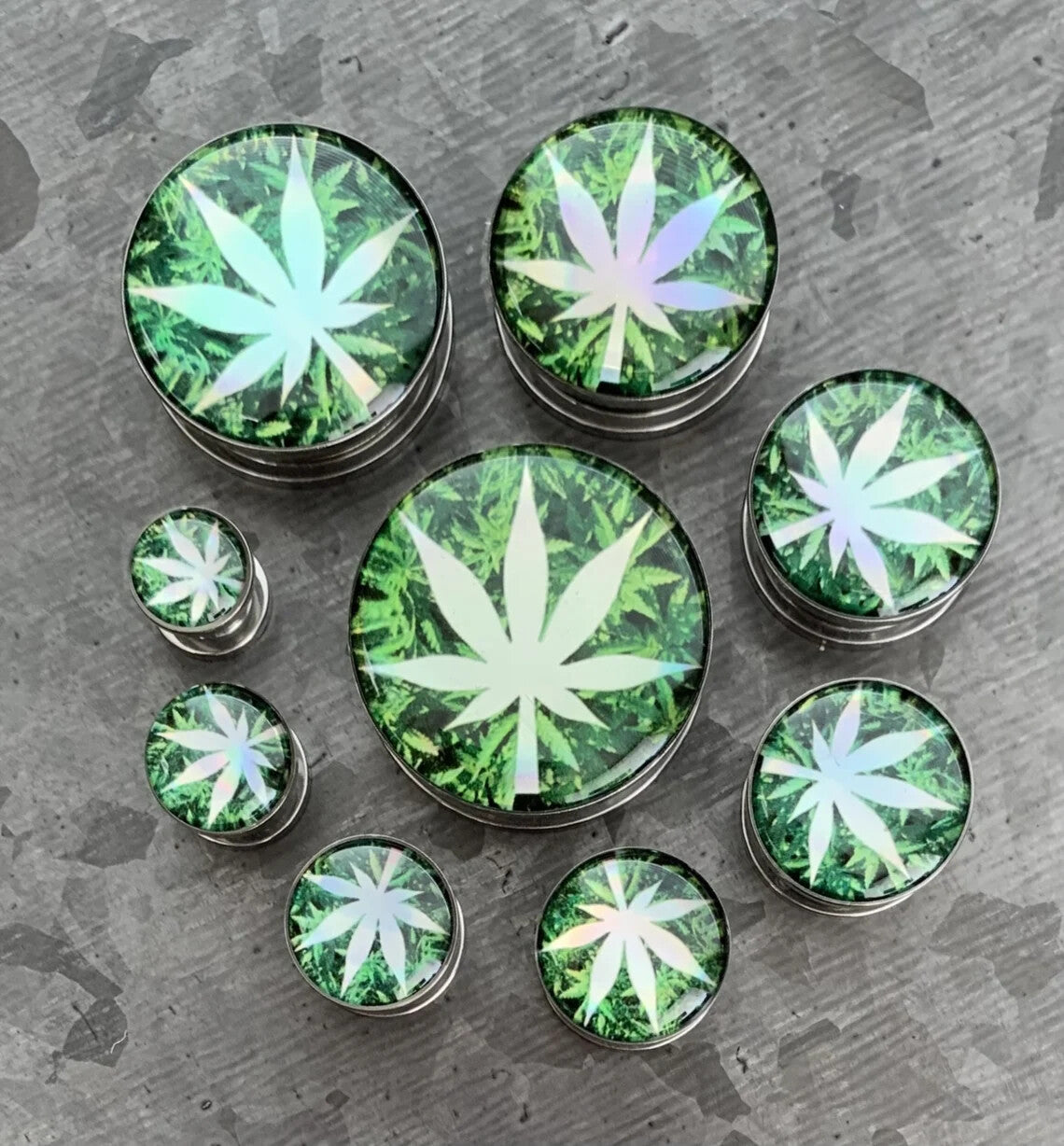 PAIR Hologram Pot Leaf Screw Fit Tunnels Ear Plugs Gauges Earlets Body Jewelry 8 sizes