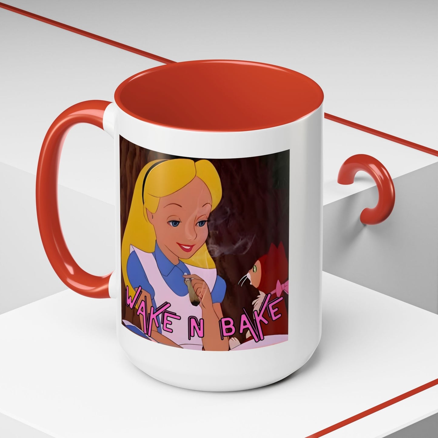 WAKE N BAKE Retro Coffee Mug (11, 15oz) Cartoon Alice Smoking Joint Vintage 420