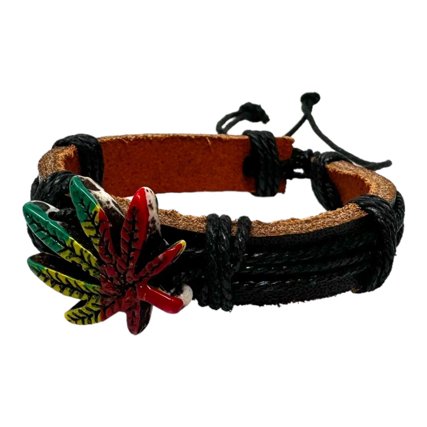 Adjustable Black Leather Bracelet with Rasta-Colored Marijuana Leaf Charm