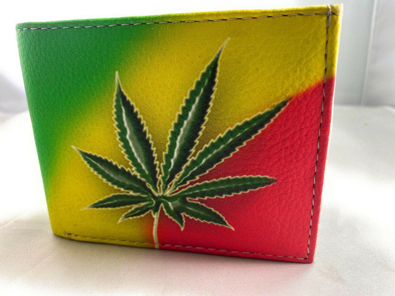 Men's Rasta Marijuana Leaf Vegan Leather Bifold Card Photo Holder Wallet Handbag