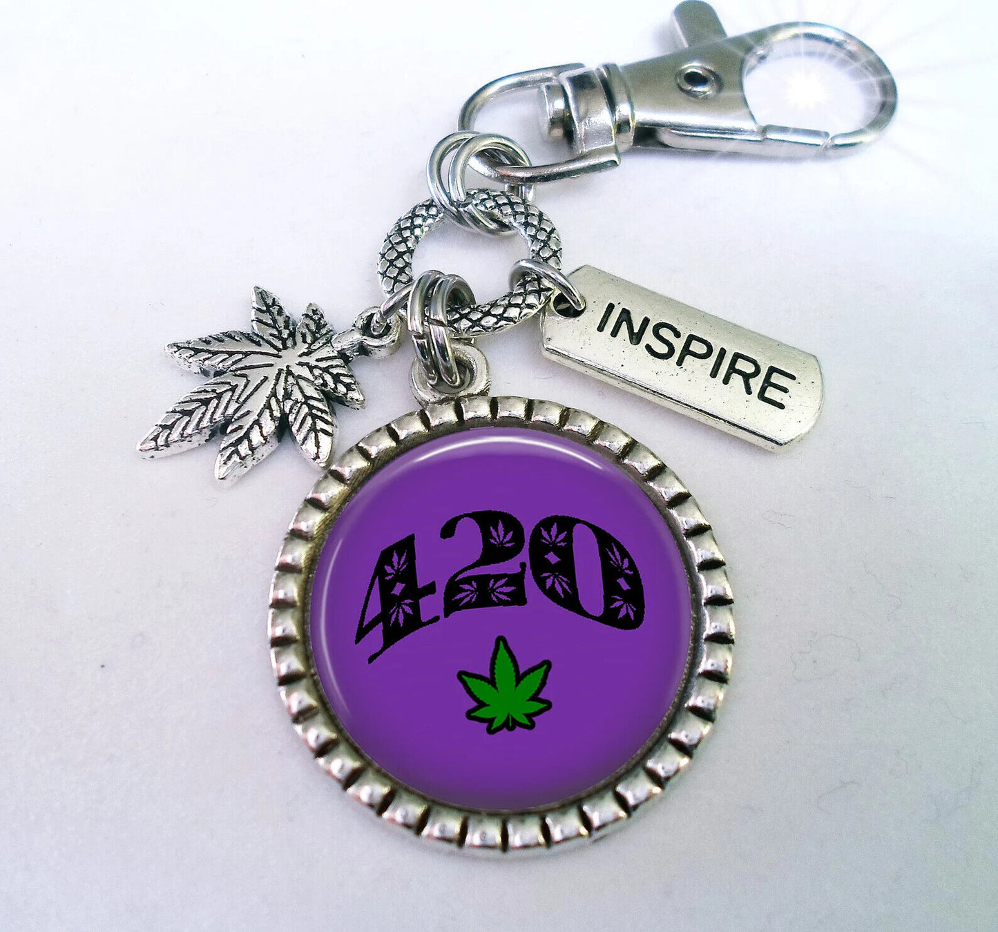 420 with Pot Leaf Keychain or Clip with Pot Leaf and Inspire Charms, Marijuana