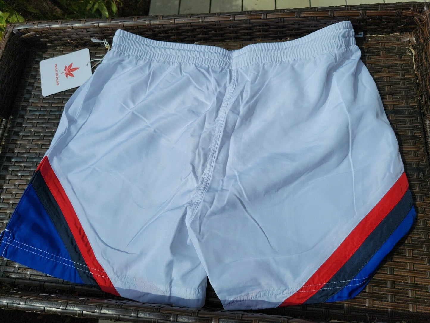1 Pr NWT BOAST Men's Tennis/Swim Trunks Small White/Red/Blue With Pot Leaf
